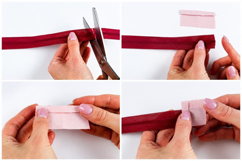 How to size your fabric scrap:
width — two zipper widths + 2 cm (¾ in) for seam allowances;
length — about 4 cm (1½ in).
Step-by-step instructions:
Measure and mark the length of zipper you need, then cut off the excess.
Press one edge of the fabric scrap under by 1 cm (⅜ in) — this will be the folded edge.
Wrap the fabric scrap around the cut end ("tail") of the zipper.
Stitch along the side, staying about 1 mm away from the zipper edge — be careful not to catch the zipper itself in the stitching, since you'll need to turn this piece right-side out in the next step.
Turn the piece right-side out.
Stitch again to secure the fabric scrap to the zipper permanently.
