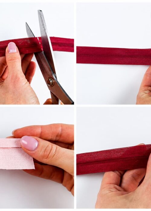 How to size your fabric scrap: width — two zipper widths + 2 cm (¾ in) for seam allowances; length — about 4 cm (1½ in). Step-by-step instructions: Measure and mark the length of zipper you need, then cut off the excess. Press one edge of the fabric scrap under by 1 cm (⅜ in) — this will be the folded edge. Wrap the fabric scrap around the cut end ("tail") of the zipper. Stitch along the side, staying about 1 mm away from the zipper edge — be careful not to catch the zipper itself in the stitching, since you'll need to turn this piece right-side out in the next step. Turn the piece right-side out. Stitch again to secure the fabric scrap to the zipper permanently.