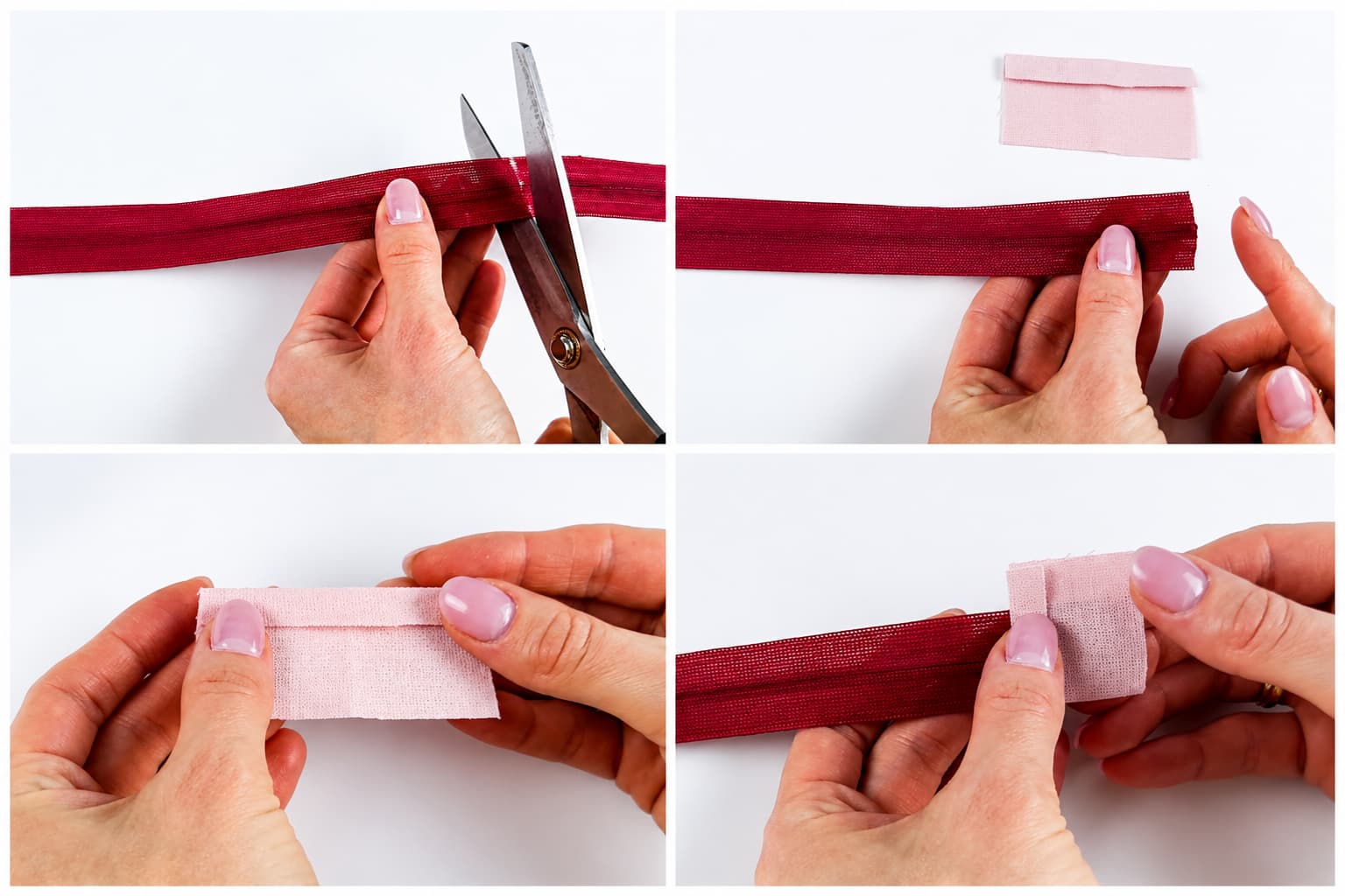 How to size your fabric scrap: width — two zipper widths + 2 cm (¾ in) for seam allowances; length — about 4 cm (1½ in). Step-by-step instructions: Measure and mark the length of zipper you need, then cut off the excess. Press one edge of the fabric scrap under by 1 cm (⅜ in) — this will be the folded edge. Wrap the fabric scrap around the cut end ("tail") of the zipper. Stitch along the side, staying about 1 mm away from the zipper edge — be careful not to catch the zipper itself in the stitching, since you'll need to turn this piece right-side out in the next step. Turn the piece right-side out. Stitch again to secure the fabric scrap to the zipper permanently.